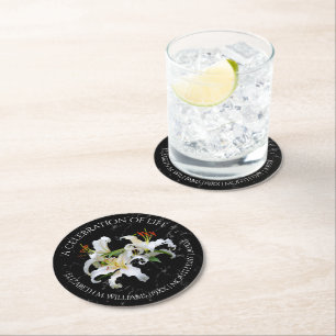 Elegant White Oriental Lilies Celebration of Life Round Paper Coaster