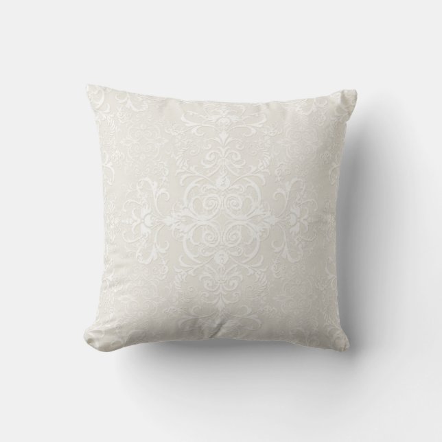 Elegant White over Pale Beige Damask Pattern Cushion (Front)