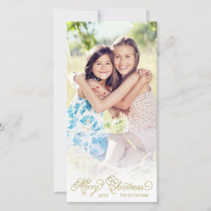 Elegant White Overlay Gold Script Christmas Photo Holiday Card