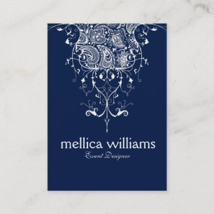 Elegant White Paisley Lace Navy Blue background Business Card