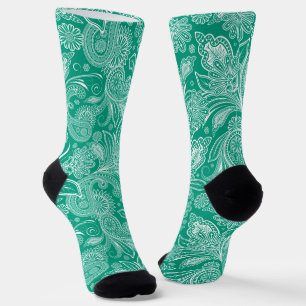 Elegant White Paisley On Blue-Green Background Socks