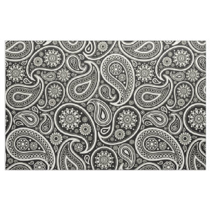 Elegant White Paisley Over Black Background Fabric