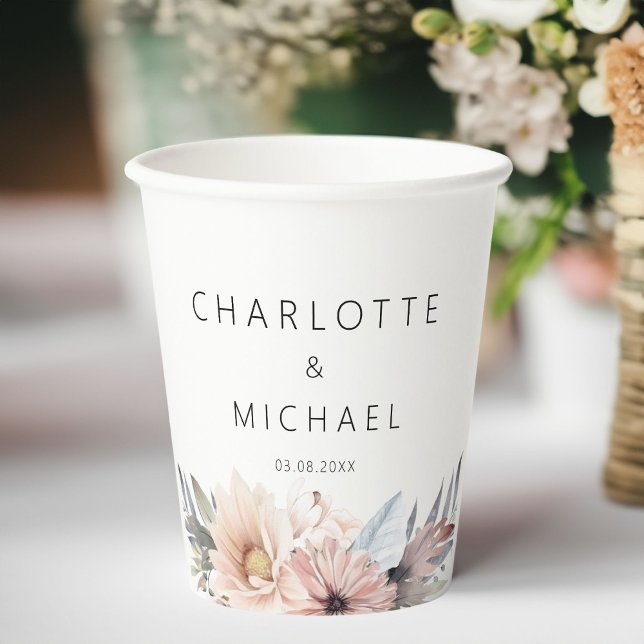 Elegant, White & Pastel Boho Wedding Paper Cups (Elegant, White & Pastel Boho Wedding Paper Cups with your name and date.)