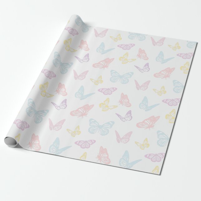 Elegant White Pastel Pink Blue Butterfly Pattern Wrapping Paper (Unrolled)