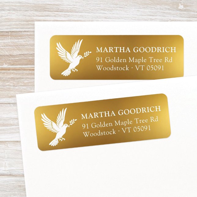 Elegant White Peace Dove Gold Foil Return Address Label (Peace on Earth, white peace dove, faux gold foil Christmas return address label with elegant style.)