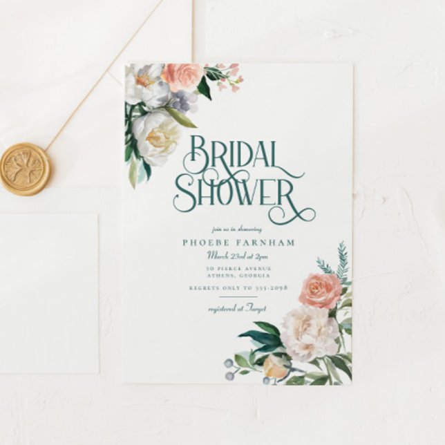 Elegant White Peach Floral Greenery Bridal Shower Invitation (Creator Uploaded)