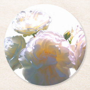 Elegant white peach orange blush roses round paper coaster