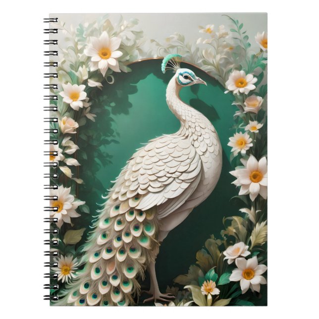 "Elegant White Peacock" Watercolor Spiral Notebook (Front)