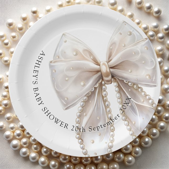 Elegant White Pearl Bow Baby Shower Paper Plate (Creator Uploaded)