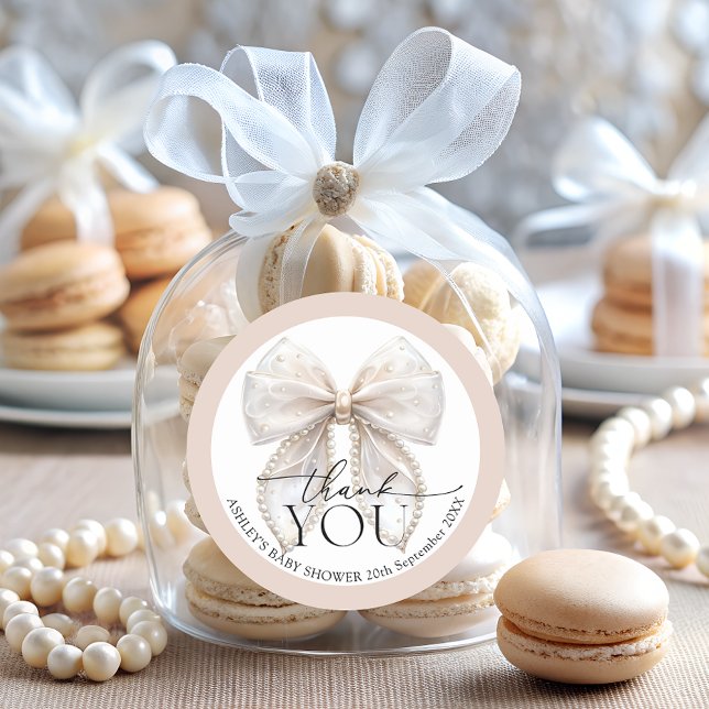Elegant White Pearl Bow Baby Shower Thank You  Classic Round Sticker (Creator Uploaded)