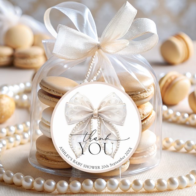 Elegant White Pearl Bow Baby Shower Thank You  Classic Round Sticker (Creator Uploaded)