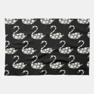 Elegant White Pearl Swan on Black Background Tea Towel