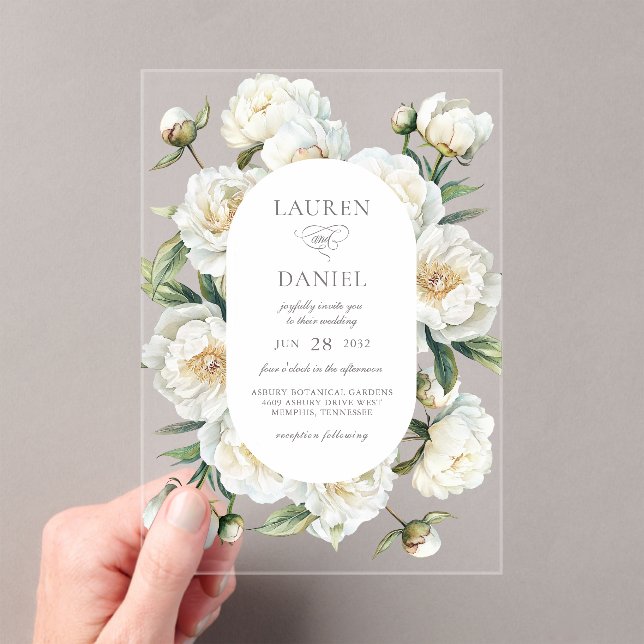 Elegant White Peonies Watercolor Floral Wedding Acrylic Invitations (Insitu (Handheld))
