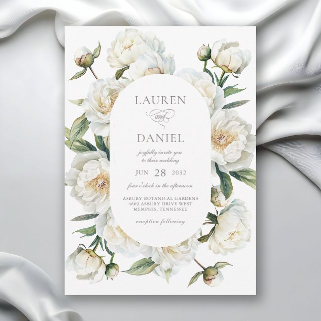 Elegant White Peonies Watercolor Floral Wedding Invitation (Available in both printed and instant download digital formats.)