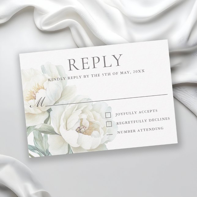 Elegant White Peonies Wedding RSVP Card (Creator Uploaded)