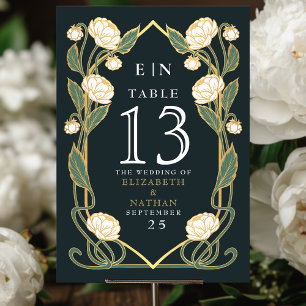 Elegant White Peony Art Nouveau Floral Wedding Table Number