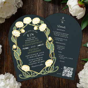 Elegant White Peony Art Nouveau Wedding Arch QR Invitation
