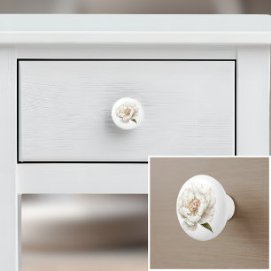 Elegant white peony flower french farmhouse ceramic knob