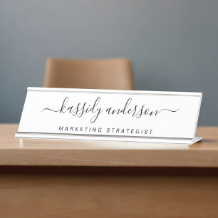 Elegant White Personalised Name Script Calligraphy Desk Name Plate