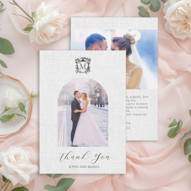 Elegant White Photo Arch Crest Wedding Thank You (Elegant arch photo wedding thank you card with crest)