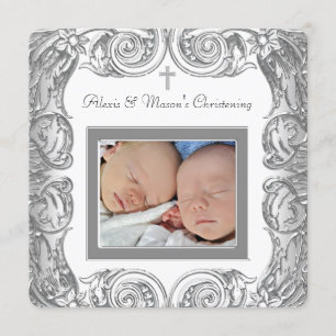 Elegant White Photo Christening Invitation