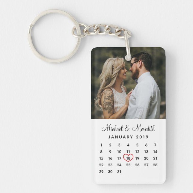Elegant White Photo Wedding Anniversary Calendar Key Ring (Front)