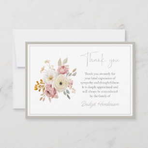 Elegant White Pink Boho Floral Funeral Thank You Card