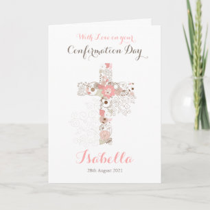 Elegant white pink confirmation floral cross name card