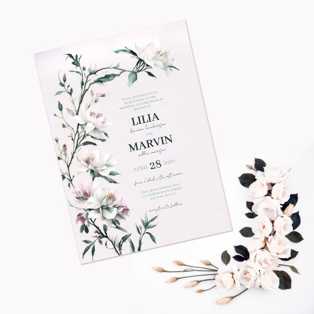 Elegant White Pink Crawling Lily Wedding Invitation (Creator Uploaded)