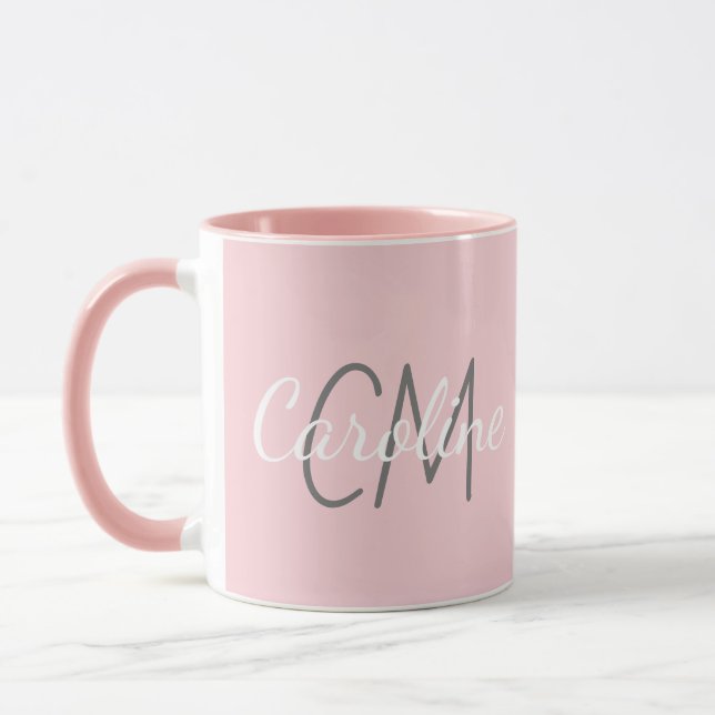 Elegant White Pink Custom Monogram Name Mug (Left)