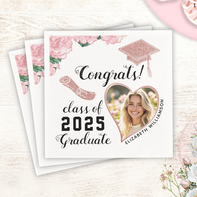 Elegant White Pink Floral Class 2025 Graduation Napkin (Creator Uploaded)