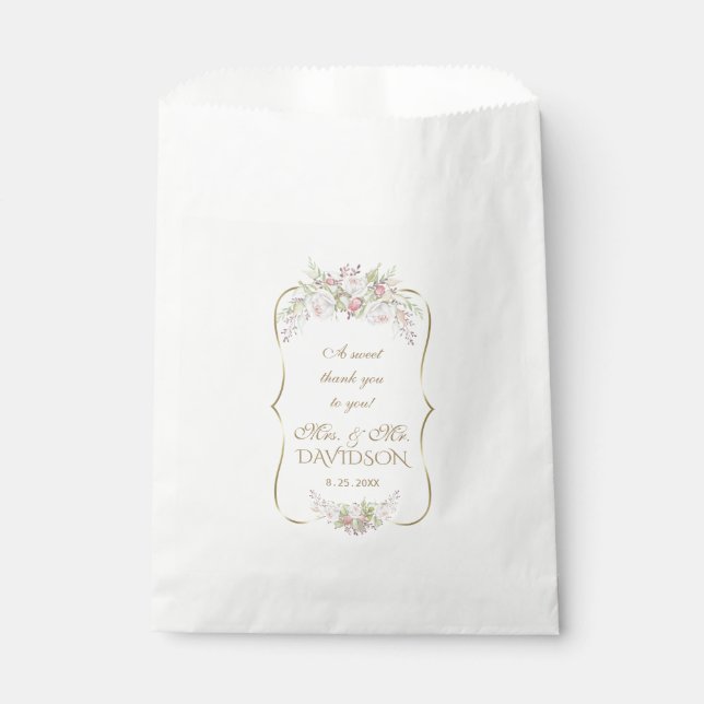 Elegant White Pink Flowers Gold Frame Wedding Favour Bag (Front)