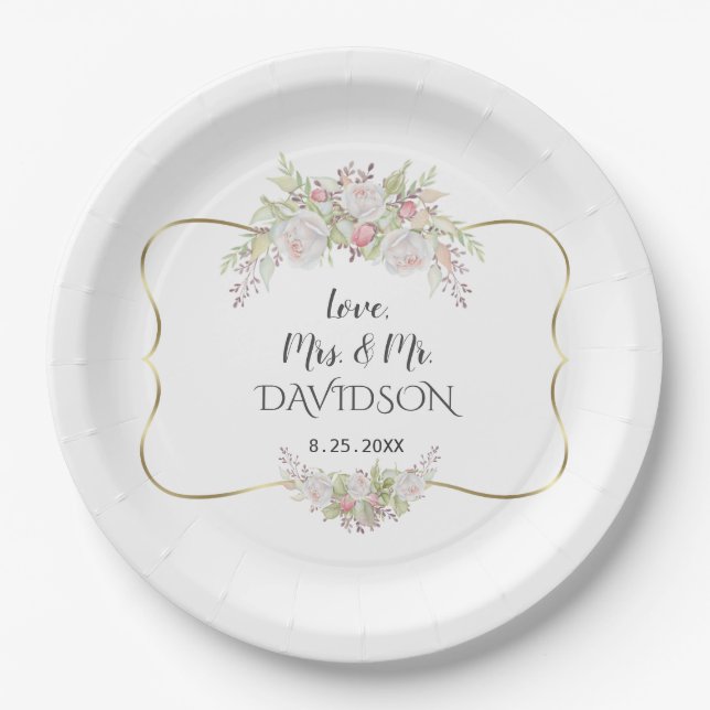 Elegant White Pink Flowers Gold Frame Wedding Paper Plate (Front)