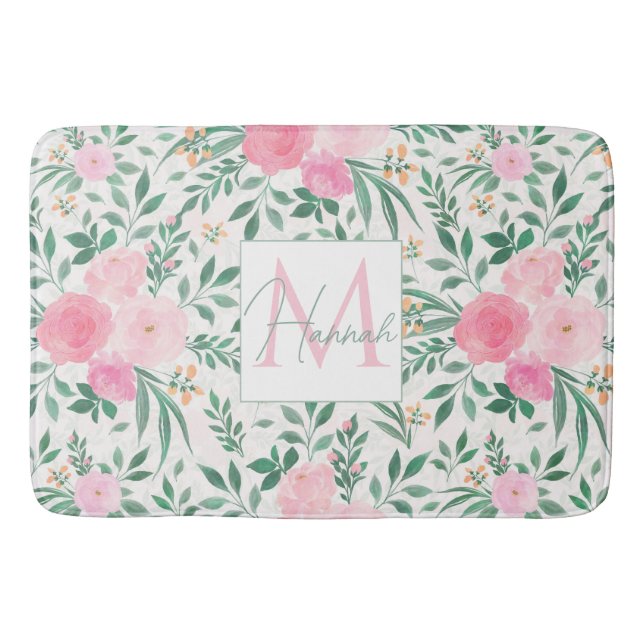 Elegant White Pink Flowers Watercolor Floral Bath Mat (Front)