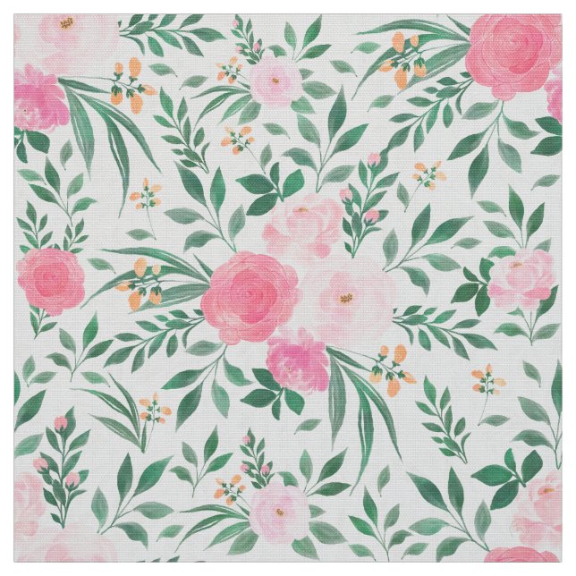 Elegant White Pink Flowers Watercolor Floral Fabric (Swatch)