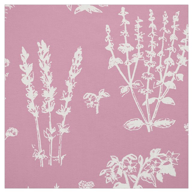 Elegant White Pink Herbal Garden Pattern Fabric (Swatch)