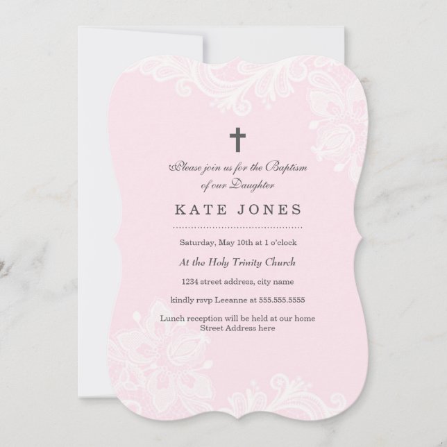 Elegant White Pink Lace baptism Invitation (Front)