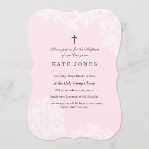 Elegant White Pink Lace baptism Invitation