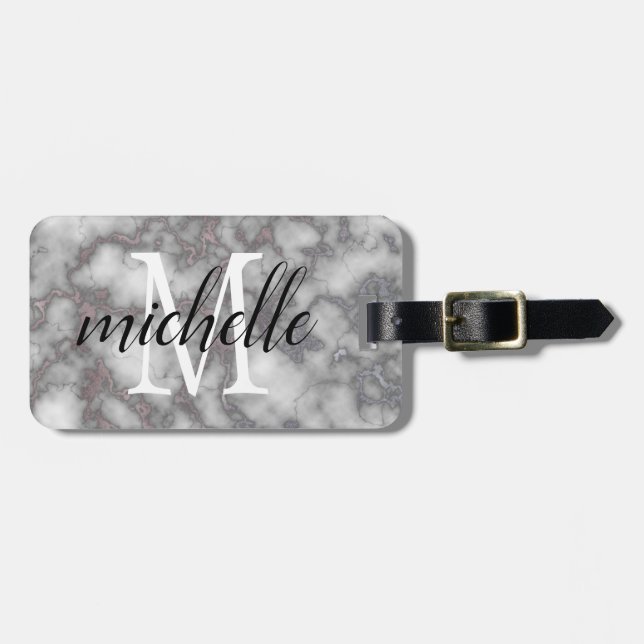 Elegant White Pink Marble  | Monogram Custom  Luggage Tag (Front Horizontal)