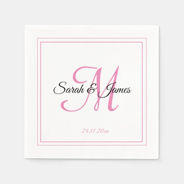 Elegant White & Pink Monogram Wedding Paper Napkin (Front)