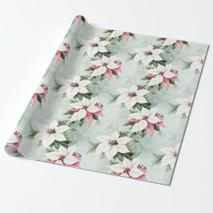 Elegant White Pink Poinsettias Christmas Wrapping Paper