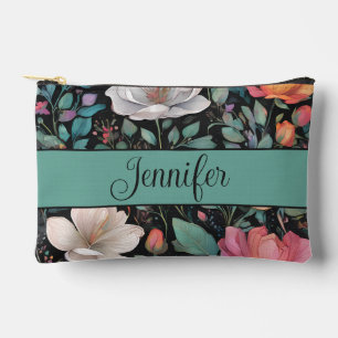 Elegant White Pink Rose Personalised Accessory Pouch