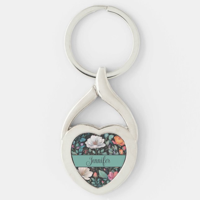 Elegant White Pink Rose Personalised Key Ring (Front)