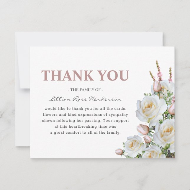 Elegant White & Pink Roses | Funeral Thank You (Front)
