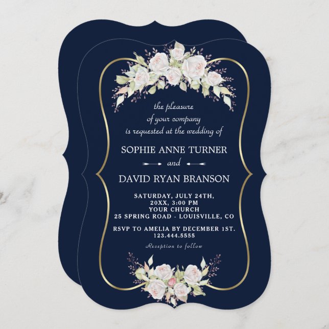 Elegant White Pink Roses Navy Blue Gold Wedding Invitation (Front/Back)