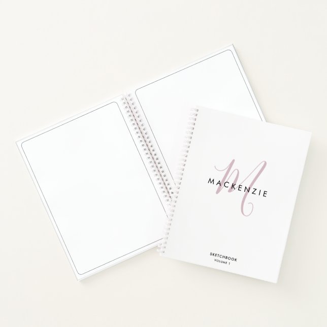 Elegant White Pink Script Monogram Sketchbook Notebook (Inside)
