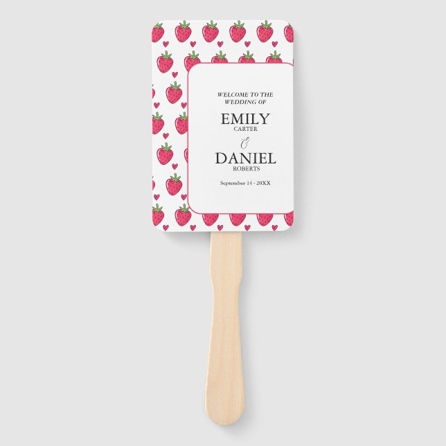 Elegant White & Pink Strawberry Wedding Hand Fan (Front)