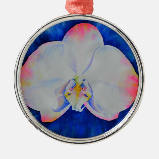 Elegant white pink watercolor floral orchid  metal ornament (Front)