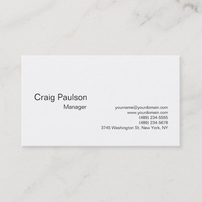 Elegant White Plain Simple Manager Business Card (Front)