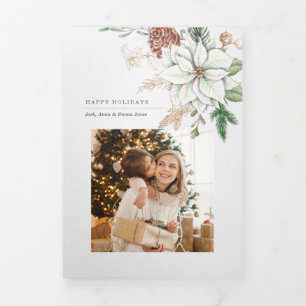 Elegant White Poinsettia and Pine Photo Tri-Fold Card